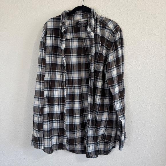 Tradition Tops - Tradition Flannel Woman's Size M Cotton Brown Blue Outdoors Trail Hiking